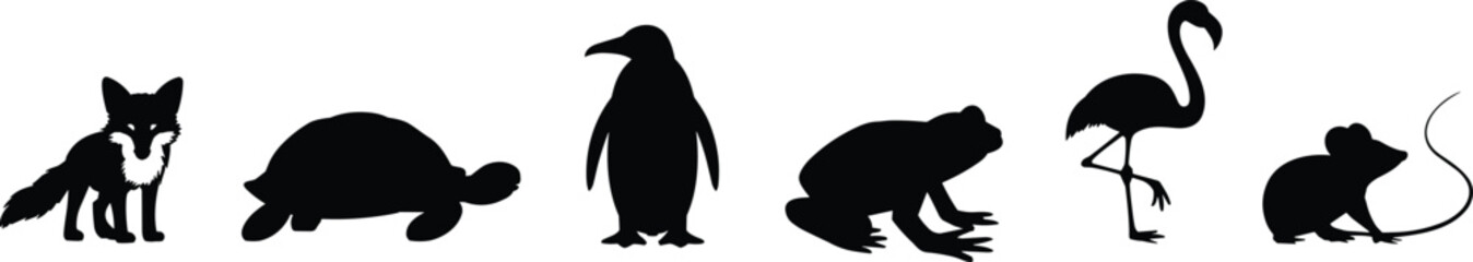 Silhouette animals collection, fox turtle penguin frog flamingo mouse, wildlife diversity illustration, black outline vector, educational design, nature identification concept