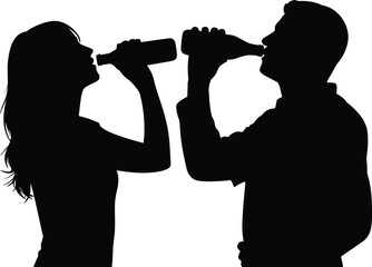 Silhouette people drinking bottles, social lifestyle concept, alcohol consumption habits, beverage advertising, friends together, party celebration, youth culture, night scene illustration