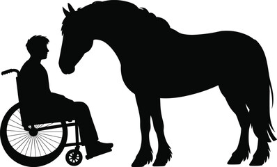 Silhouette wheelchair user facing horse, equine therapy connection, disability support, animal companionship, rehabilitation, emotional healing, inclusive care, inspirational bond