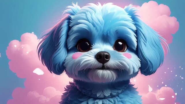An adorable, fluffy blue puppy with big expressive eyes and pink blushed cheeks sits in front of a dreamy pink cloud background.