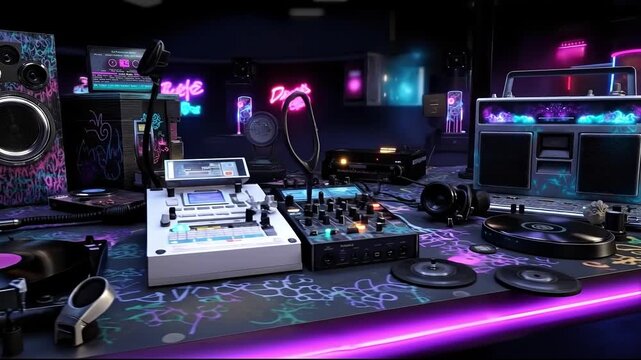 A dj set up in a room with a record player and speakers