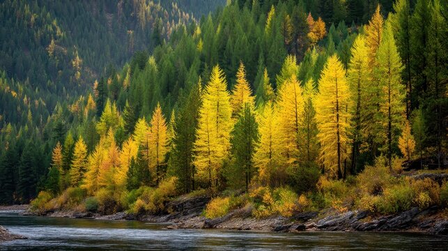 Autumn Splendor: Tamarack Trees and Cottonwoods Glow in Golden Hues Along Northern Idaho's Coeur d'Alene River