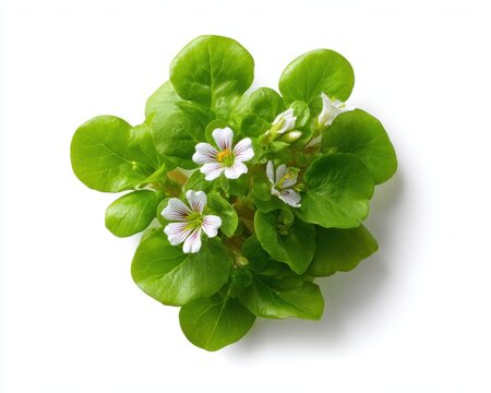 Vibrant Brahmi Leaves and Blossoms Captured from Above on a Clean White Canvas