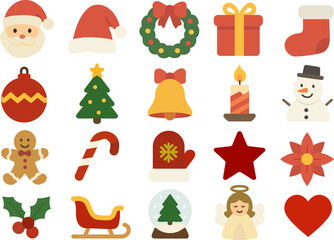 Flat Christmas Icons Set PNG – Santa Claus, Tree, Gift, Snowman, Bell, Star, Candle, Wreath, and Holiday Decorations on White Background