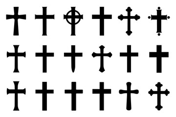 Christian Cross Silhouette PNG Set &ndash; Black Religious Cross Symbols, Faith Icons, and Church Design Elements on White Background