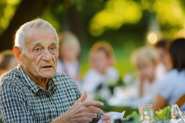 Elderly man engaging in conversation during outdoor gathering with children at sunset