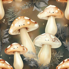 seamless pattern of mushrooms and foliage on abstract background, graphic design illustration wallpaper 