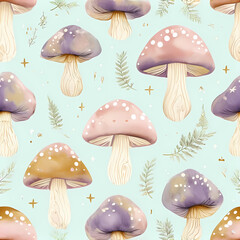 seamless pattern of mushrooms and foliage on abstract pastel background, graphic design illustration wallpaper 