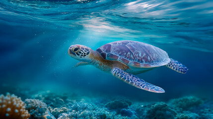 Fototapeta premium Underwater turtle swimming through vibrant coral reef waters