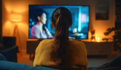 Woman watches movie on big screen TV from cozy sofa. Enjoying leisure time indoors, relaxing at home with entertainment. Nighttime screen viewing, modern digital media consumption.
