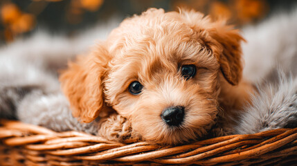 Cute golden puppy resting in a cozy basket with soft blanket