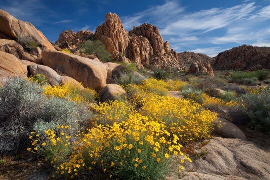 Vibrant Brittlebush Blooming with Yellow Flowers Amidst Monzogranite Formations in Joshua Tree National Park, California