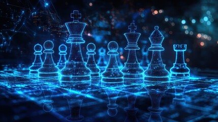 Digital chessboard with glowing pieces in virtual space. Symbol of strategy, decision making, artificial intelligence, and data analysis