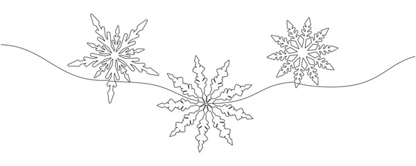 Single line art of Christmas ornament and snowflake. Elegant continuous drawing design for winter holiday celebration, New Year greeting, and seasonal decoration.