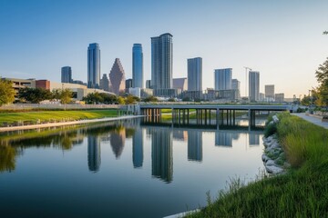 Fototapeta premium City skyline reflecting on calm water with green surroundings at dusk