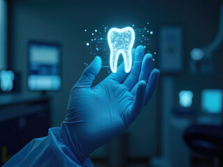 Futuristic dentistry, teeth care concept with glowing low polygonal human molar tooth.