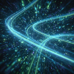 Background with glowing light blue and green lines, particles of data flowing in the air.