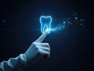 Futuristic dentistry, teeth care concept with glowing low polygonal human molar tooth.