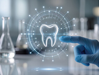 Futuristic dentistry, teeth care concept with glowing low polygonal human molar tooth.