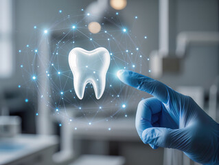 Futuristic dentistry, teeth care concept with glowing low polygonal human molar tooth.