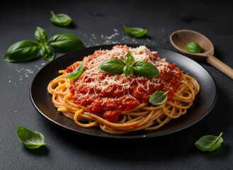Spaghetti with tomato sauce, garnished with fresh basil and Parmesan; vibrant colors stand out against a dark background, appetizing and rustic.