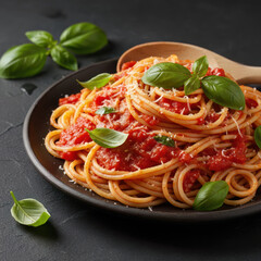 Spaghetti with tomato sauce, garnished with fresh basil and Parmesan; vibrant colors stand out against a dark background, appetizing and rustic.