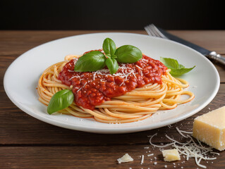 Spaghetti with tomato sauce, garnished with fresh basil and Parmesan; vibrant colors stand out against a dark background, appetizing and rustic.