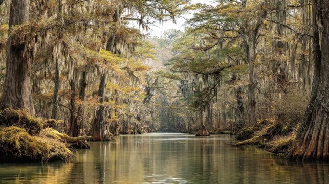 Mysterious Caddo: Cypress Trees Draped in Moss Surrounding Tranquil Waters of East Texas Swamp