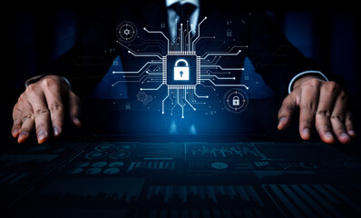 Naklejka premium Cyber security system protecting digital infrastructure. Cyber security ensures data safety, prevents breaches, cyber security strengthens defense, and supports secure operations. Vouch