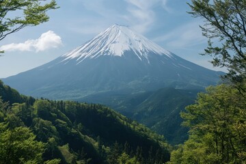 Majestic view of snow-capped mountain under clear blue sky surrounded by green forest
