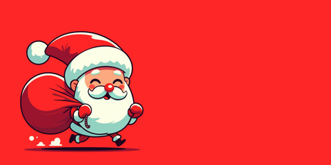 Cute Santa Claus running with gift bag on red background. Merry Christmas cartoon vector illustration for holiday greeting cards, posters, banners, and decorations. Funny Santa Claus with a bag