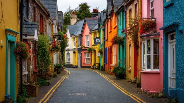 Charming Street Scene in Kinsale, Ireland: A Colorful Blend of History and Architecture in County Cork
