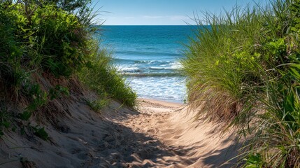 Gazing Through Sand Dunes at Montauk Beach: Serenity by the Atlantic Ocean on Long Island's Coastal Footpath
