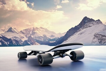 Innovative electric skateboard displayed against a stunning mountain backdrop at sunset