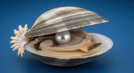 Close-up of a beautifully textured seashell with an iridescent pearl nestled inside, showcasing natural elegance and marine beauty in a vibrant blue background