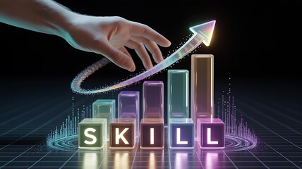 Hand points to skill growth on cubes with arrow.