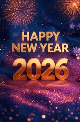 Happy New Year 2026: Glittering Golden Typography with Festive Ornaments, Gifts, and Red & Gold Celebration Decor