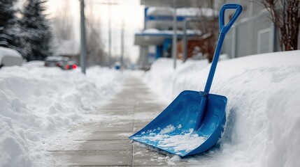 Blue snow shovel leaning against snow bank on sidewalk in winter scene