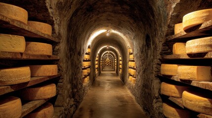Fontina Cheese from Valle d'Aosta: A Lovely Isolated Delight in Brown and Yellow, Framed by Architectural Hallways and Tunnels