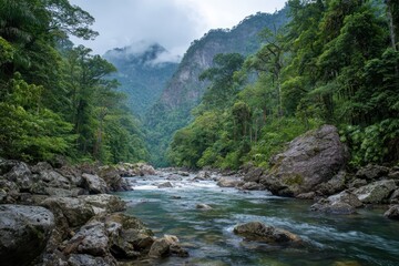 Majestic Cangrejal River Flowing Through Pico Bonito National Park Surrounded by Tropical Cloud Forest and Gigantic Rocks