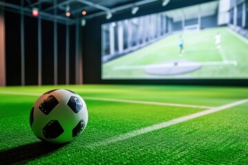 Indoor soccer facility with a digital screen and realistic ball on turf