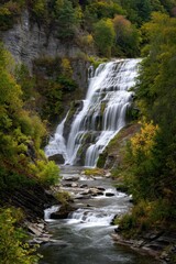 Obraz premium Picturesque Ithaca Falls: A Majestic Waterfall Cascading Through Lush Forested Landscape