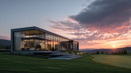Fototapeta premium Modern house with glass walls at sunset in a scenic landscape view