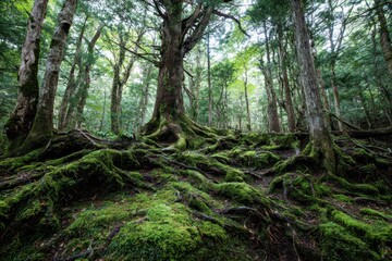 Naklejka premium Lush Aokigahara: Mystical Forest of Green Trees and Mossy Landscapes in Japan