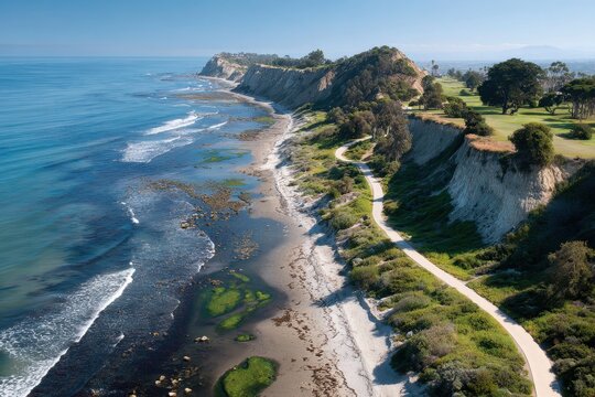 Aerial View of the Coastal Path Along Ellwood Mesa Bluffs, Goleta, California, Overlooking the Beach Without People