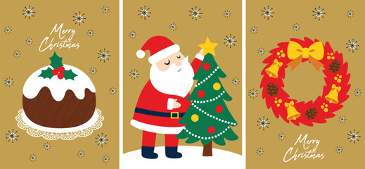 Festive Christmas illustration featuring Santa Claus placing a star on a decorated tree, surrounded by classic holiday symbols like a pudding and a red wreath for greeting cards, posters