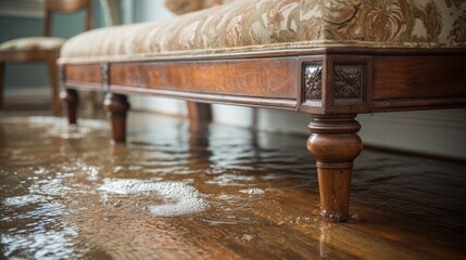 Water damage in a home with a flooded floor and damaged furniture
