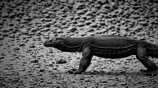 Monitor lizard walking on rocky ground black and white