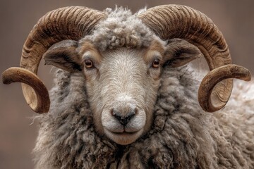 Naklejka premium Majestic Mongolian Sheep Ram: A Portrait Showcasing Curved Symmetrical Horns and Woolly Splendor