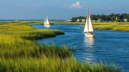 Naklejka premium Beautiful Scenic Overview of Sailboats Gliding Through the Vibrant Tidal Waters of the Cooper River in Charleston's Lush Lowcountry Marshlands